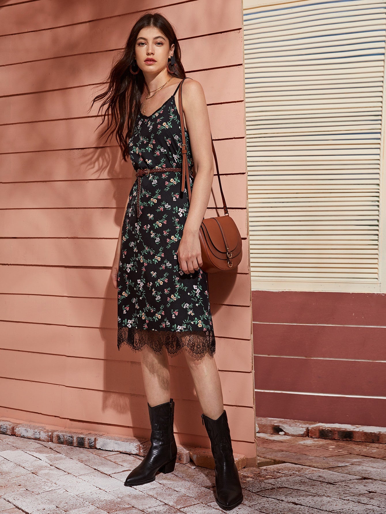 Contrast Lace Floral Print Cami Dress Without Belted