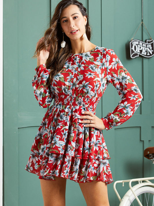 Floral Print Shirred Waist Layered Dress
