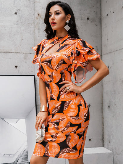 Cut-out Front Leaf Print Bodycon Dress