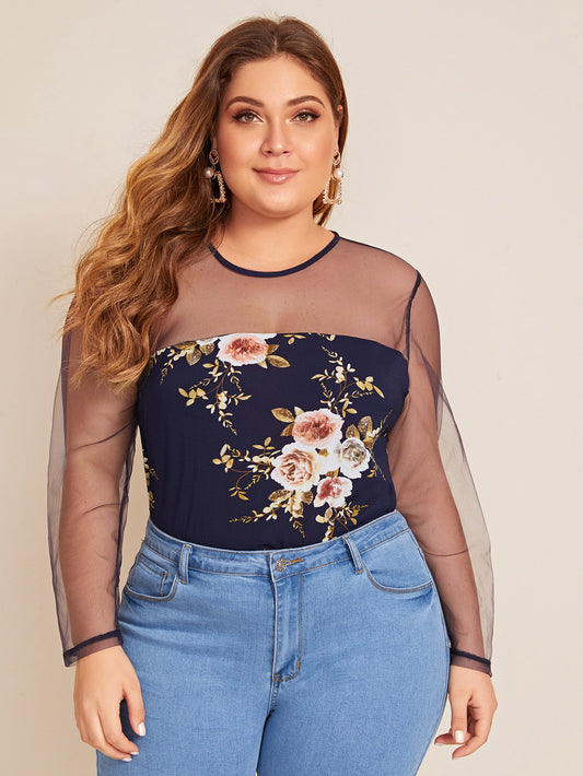 Plus Mesh Sheer Yoke Botanical Print Top