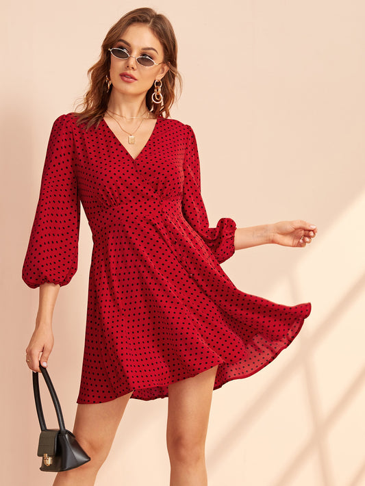 Surplice Neck Buttoned Detail Polka Dot Dress