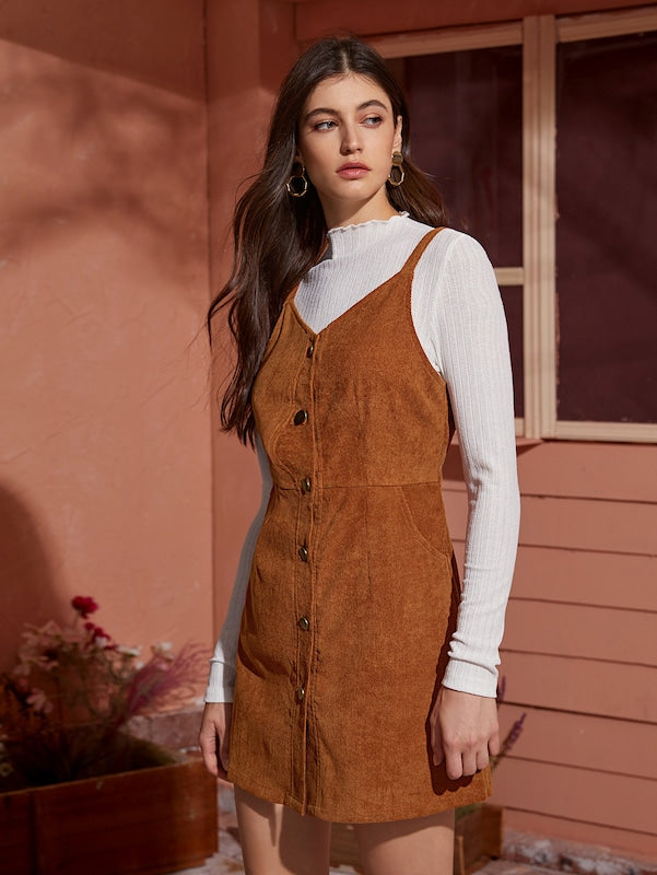 Button Through Corduroy Cami Dress Without Belted | Amy's Cart Singapore