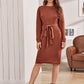 Solid Belted Midi Pencil Sweater Dress