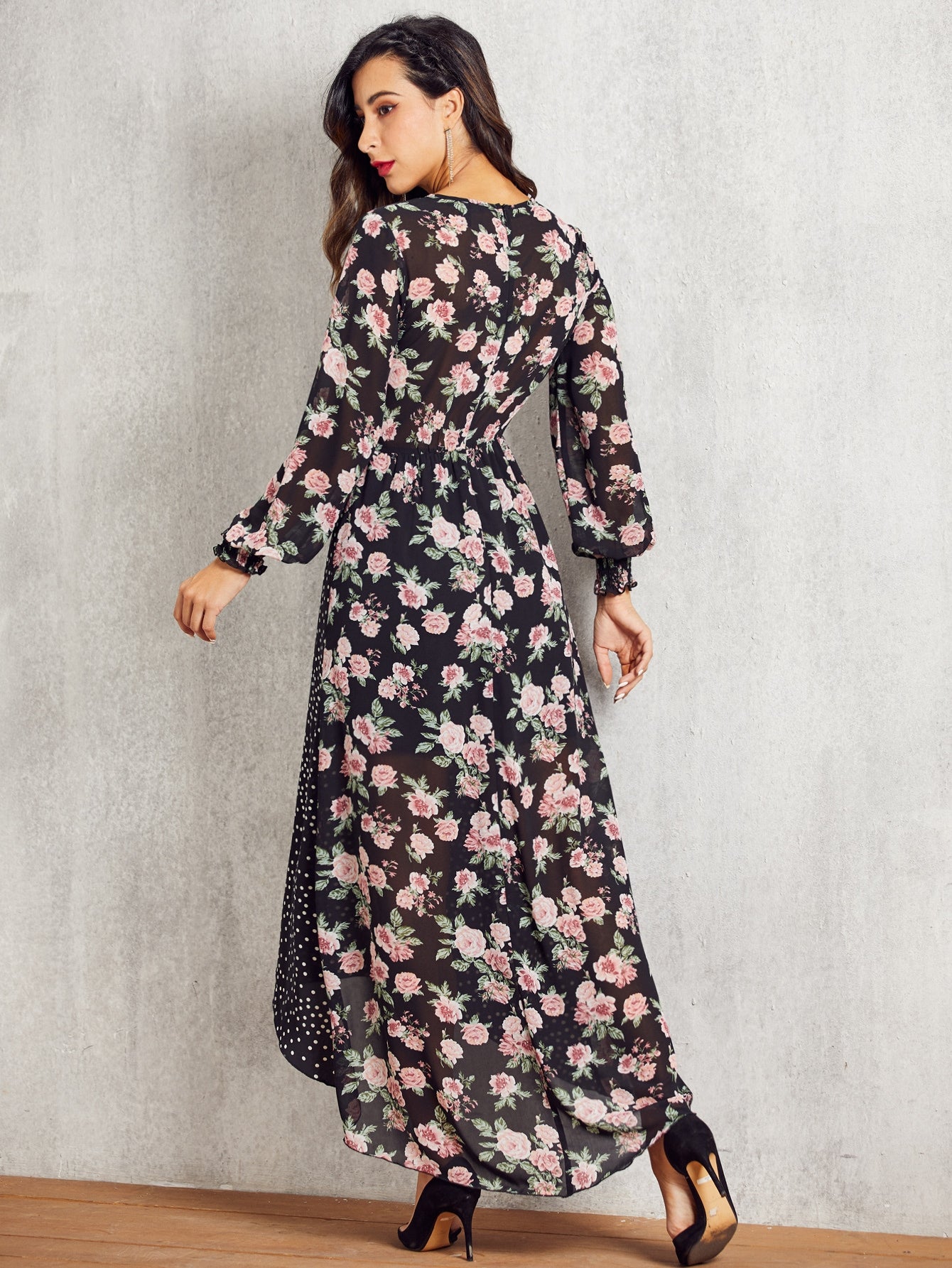 SBetro Polka-dot & Floral High Low Hem Dress