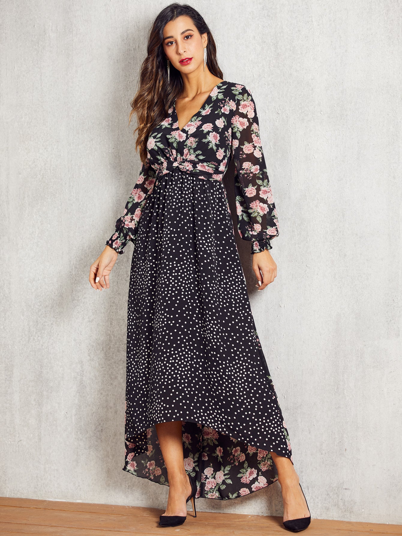SBetro Polka-dot & Floral High Low Hem Dress
