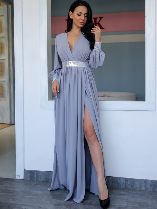 Plunge Neck Contrast Sequin Wrap Maxi Dress