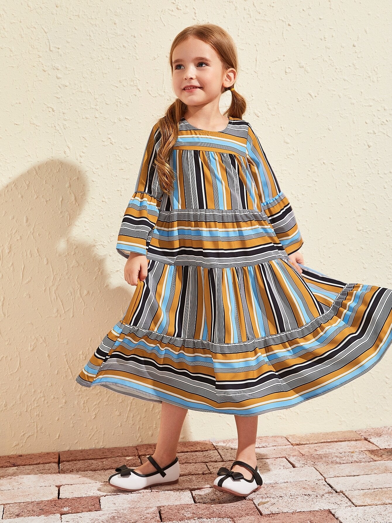 Toddler Girls Striped Flounce Sleeve Ruffle Hem Smock Dress