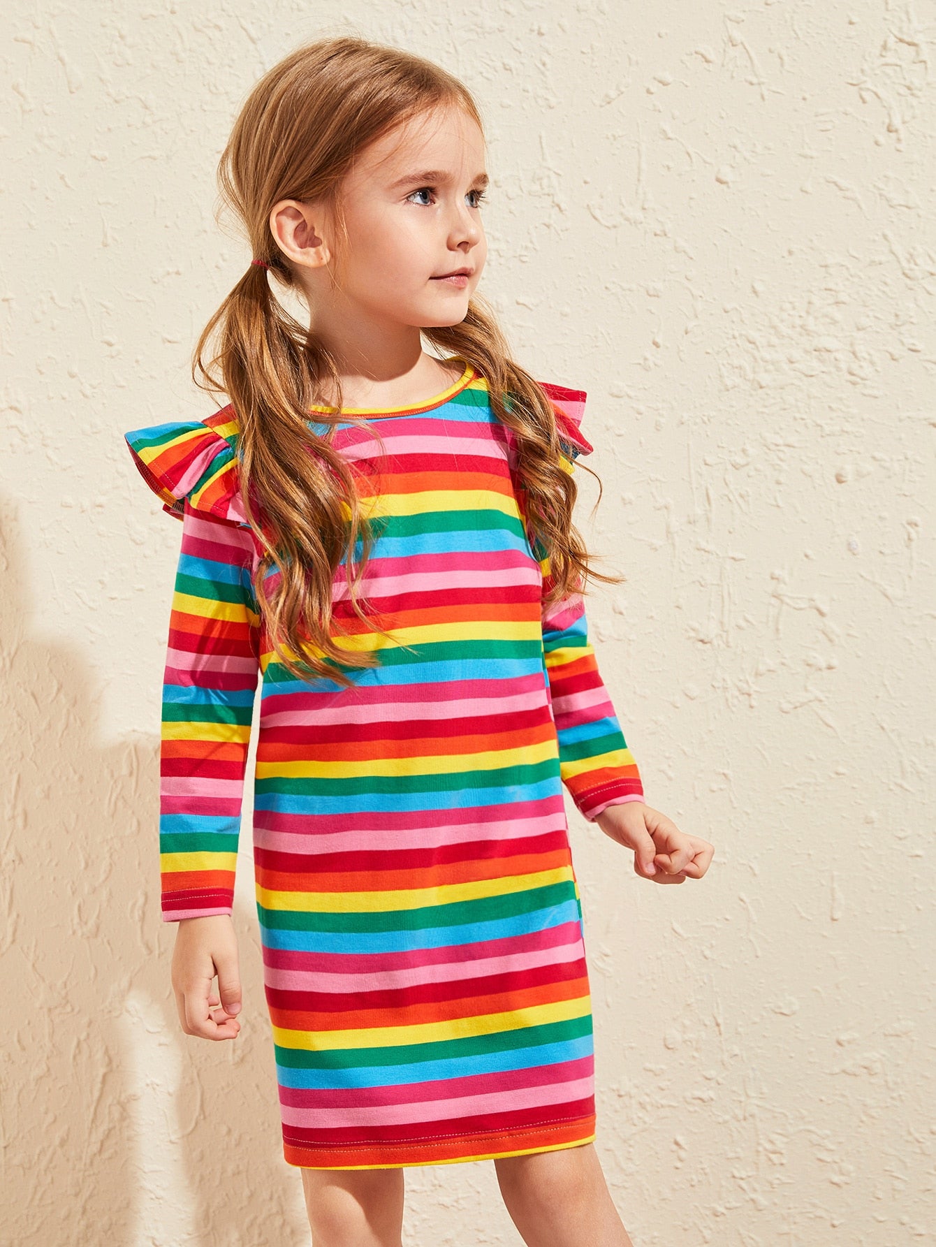 Toddler Girls Rainbow Striped Ruffle Trim Tee Dress
