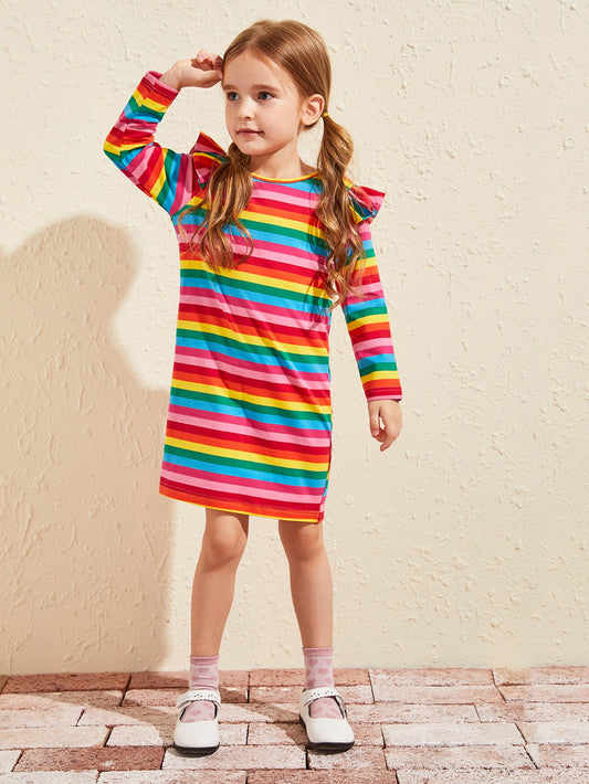 Toddler Girls Rainbow Striped Ruffle Trim Tee Dress