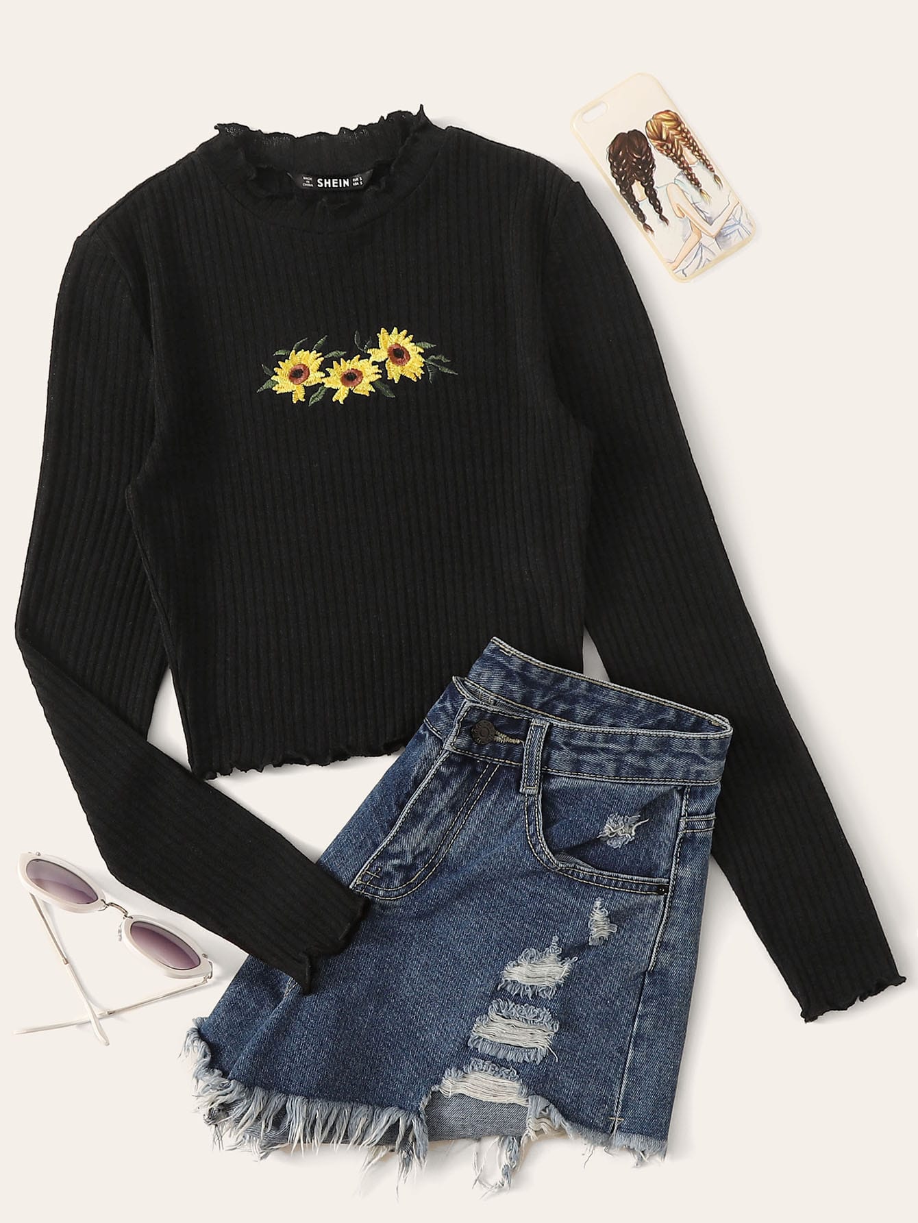 Lettuce Trim Embroidered Rib-knit Tee