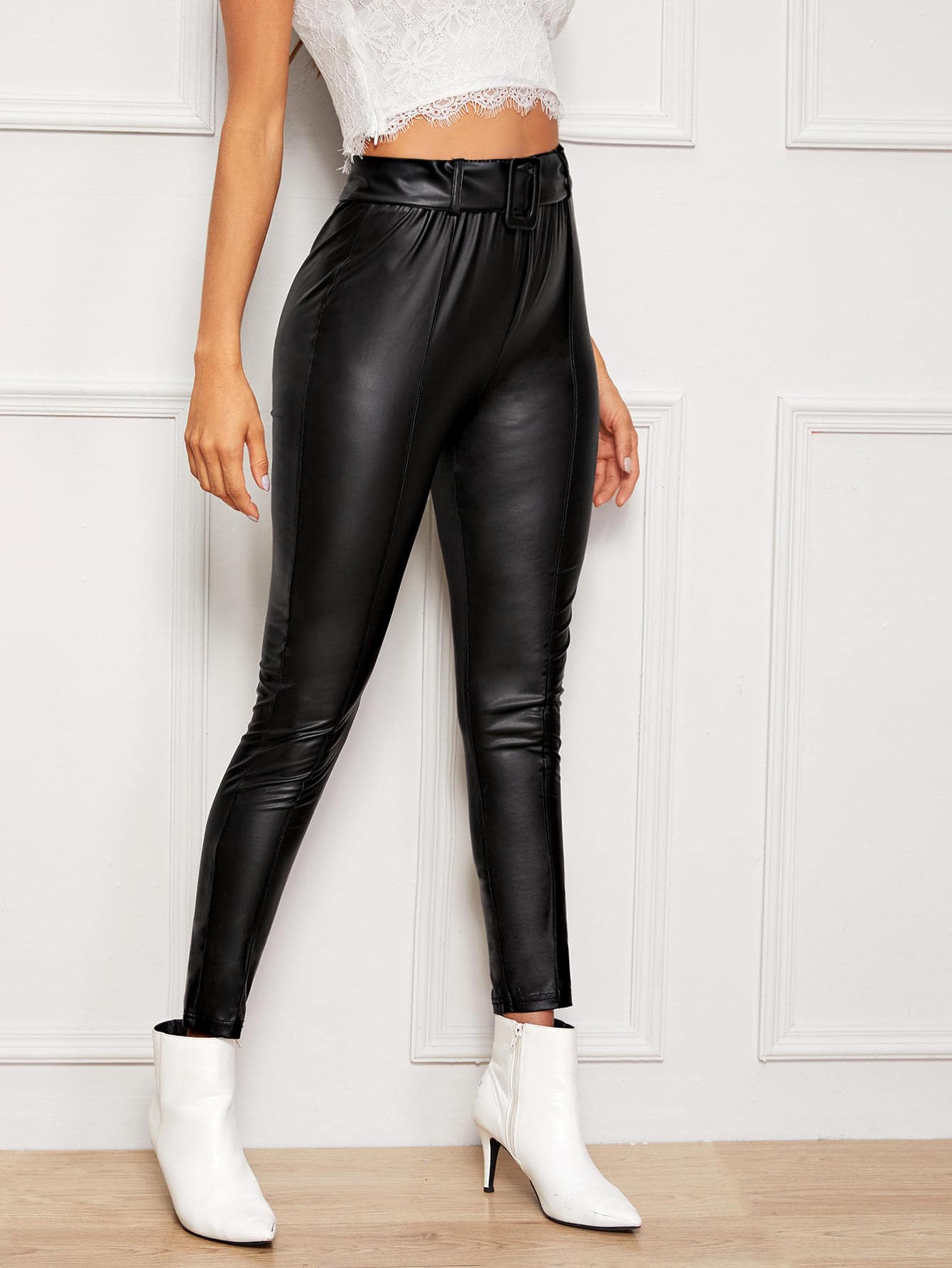 Buckle Belted Leather Look Pants