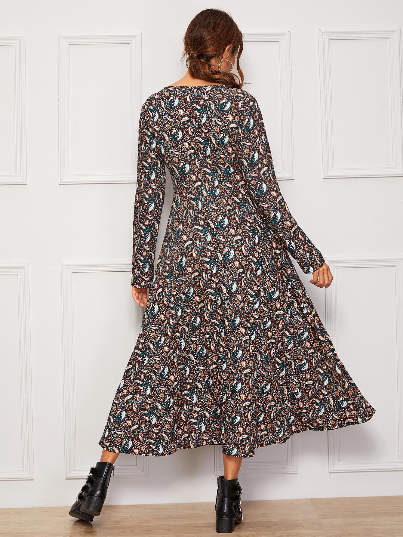 V Neck Paisley Print Button Front Swing Dress