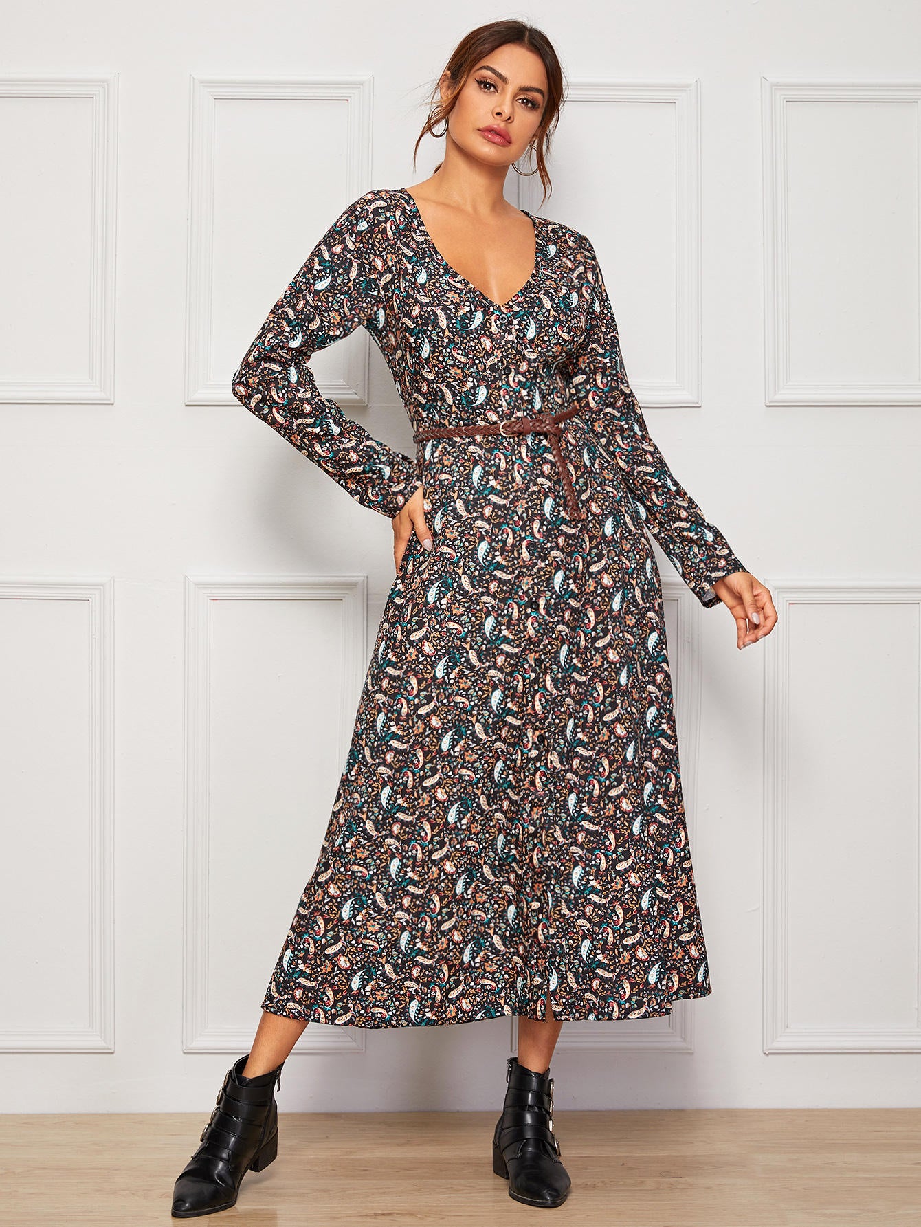 V Neck Paisley Print Button Front Swing Dress