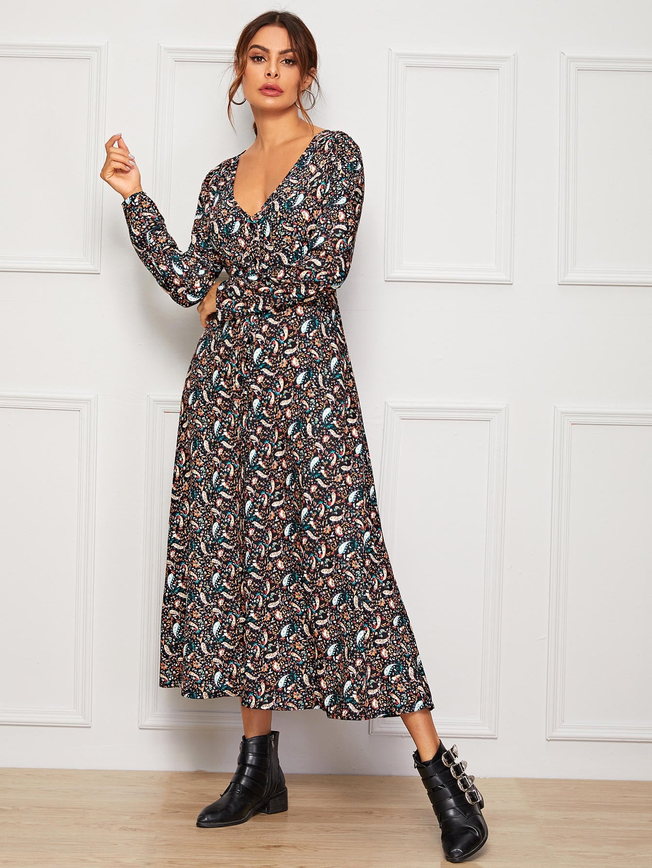 V Neck Paisley Print Button Front Swing Dress