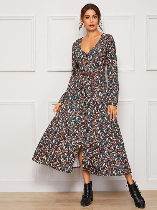 V Neck Paisley Print Button Front Swing Dress