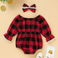 Baby Girl Bow Front Buffalo Plaid Romper With Headband