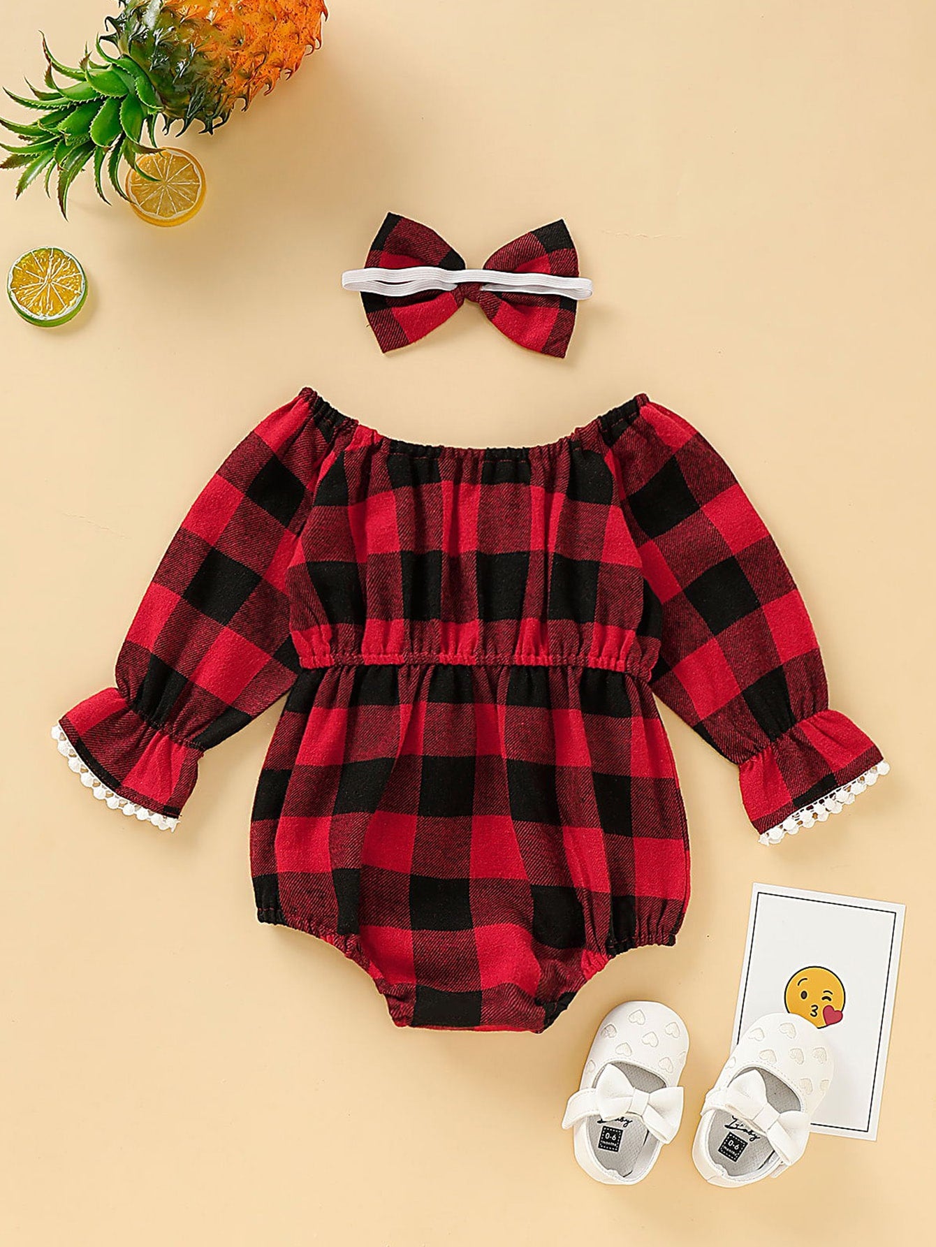 Baby Girl Bow Front Buffalo Plaid Romper With Headband