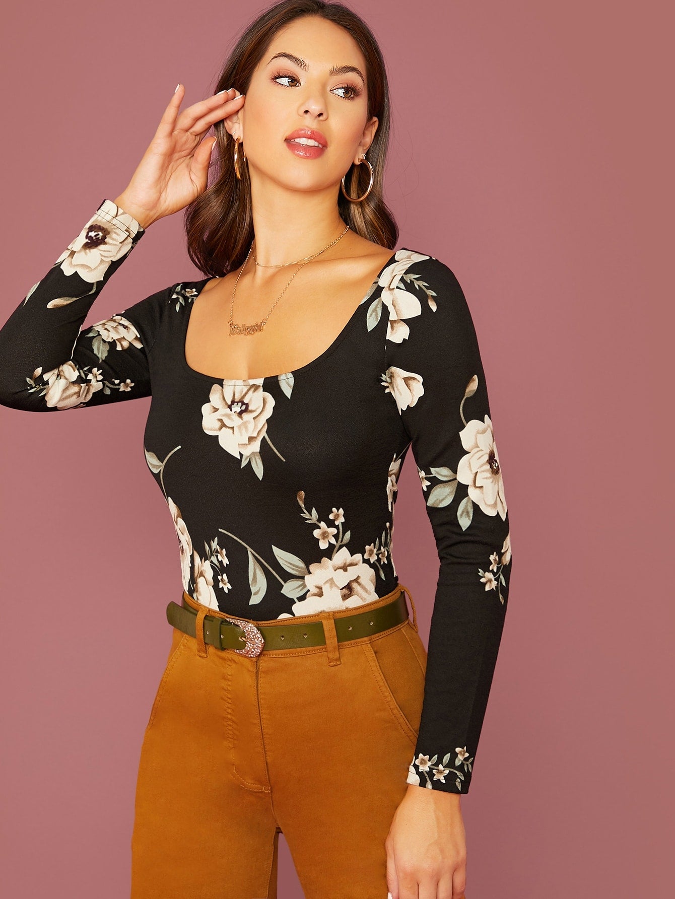 Square Neck Floral Print Form Fitted Tee