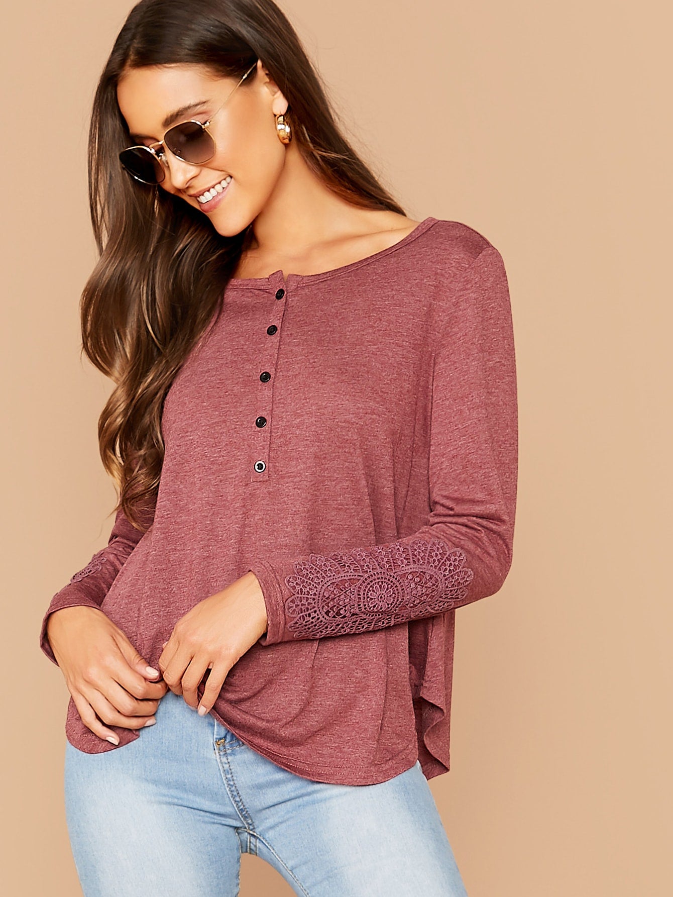 Button Front Curved Hem Lace Detail Tee