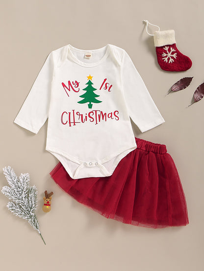Baby Girl Christmas New Year Print Romper With Mesh Skirt