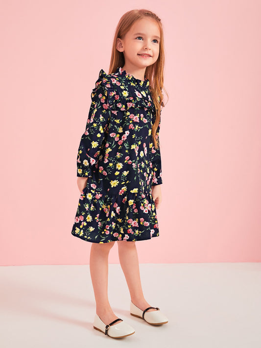 Toddler Girls Floral Frill Trim Ruffle Hem Dress Without Bag