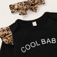 Baby Girl Letter Graphic Romper & Allover Leopard Skirt & Headband