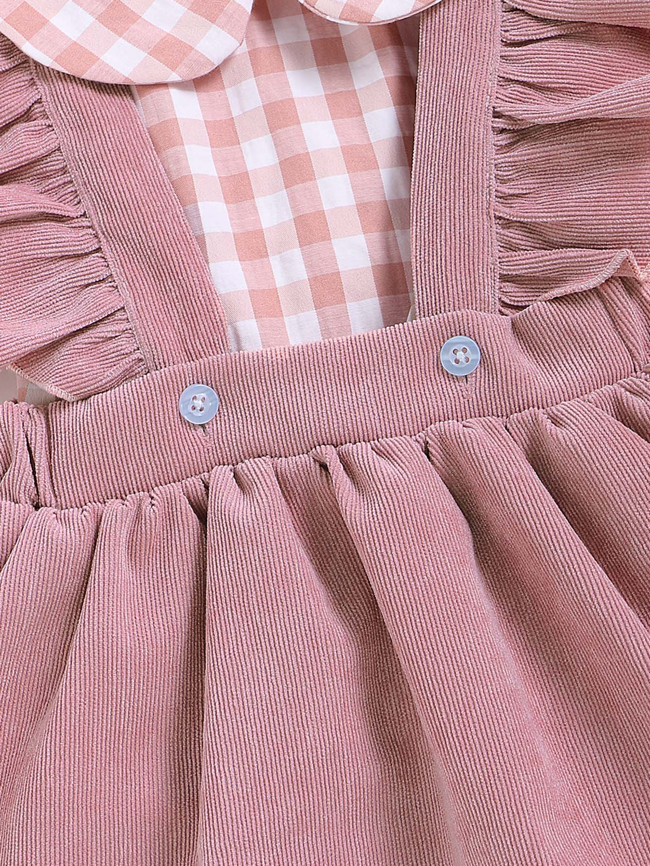Baby Girl Gingham Blouse & Ruffle Trim Corduroy Suspender Skirt