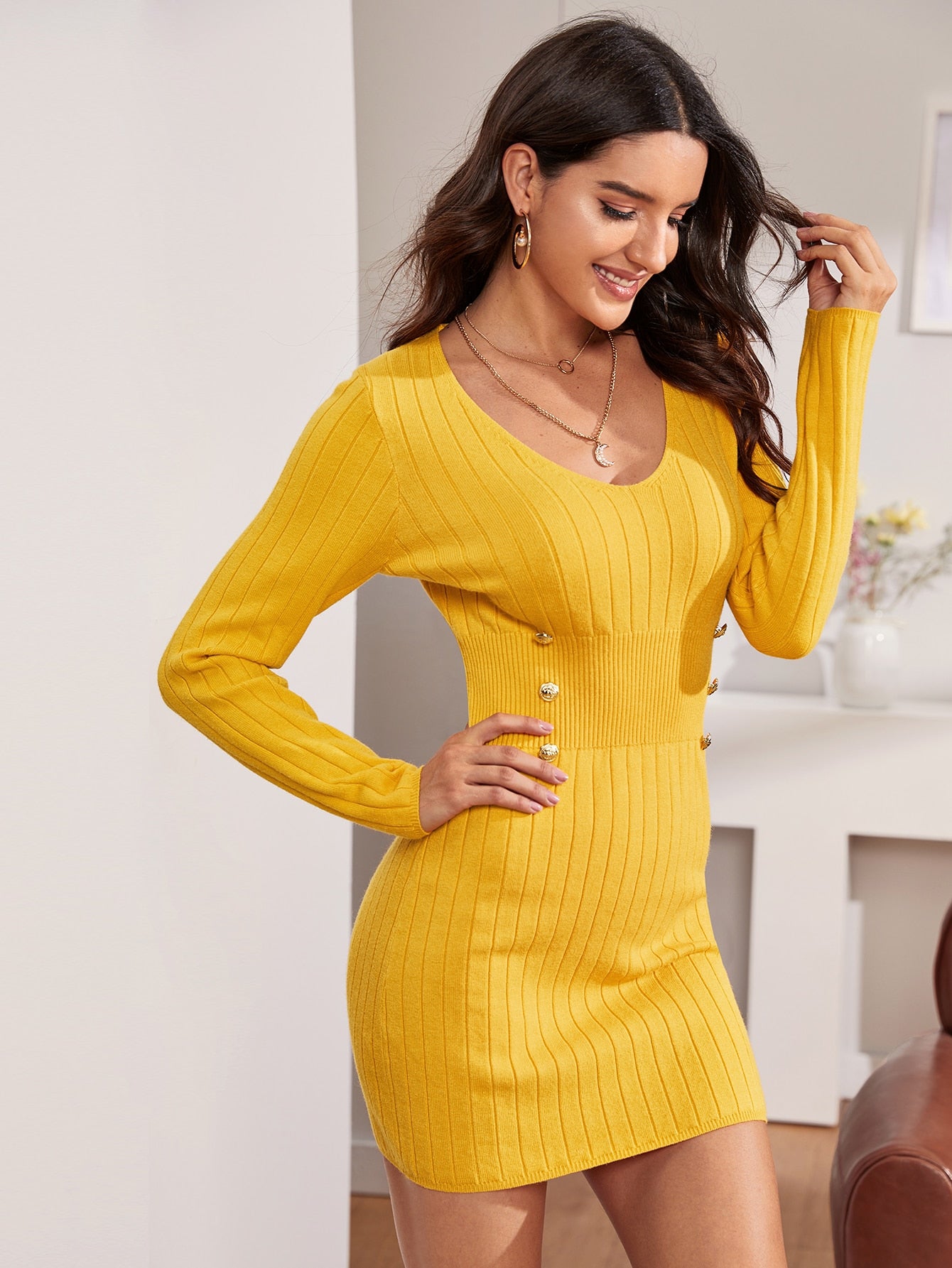 Double Breasted Detail Rib-knit Bodycon Sweater Dress