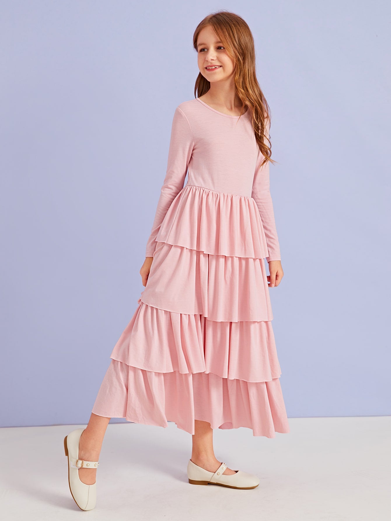 Girls Solid Tiered Layered Dress