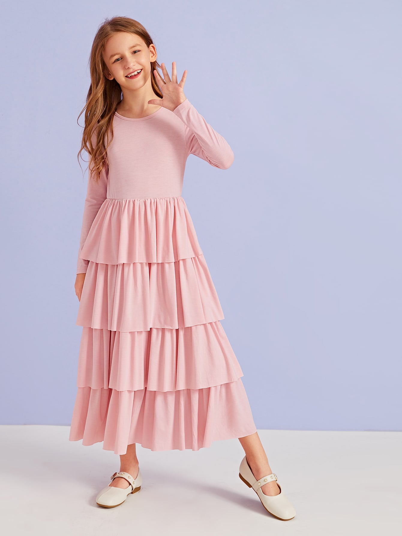 Girls Solid Tiered Layered Dress