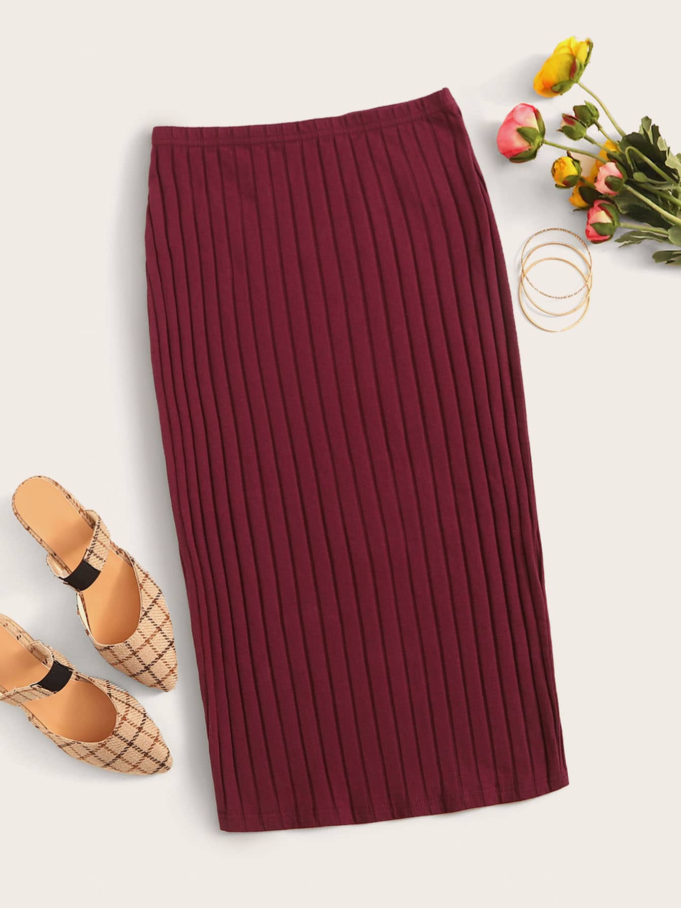 Rib-knit Solid Pencil Skirt