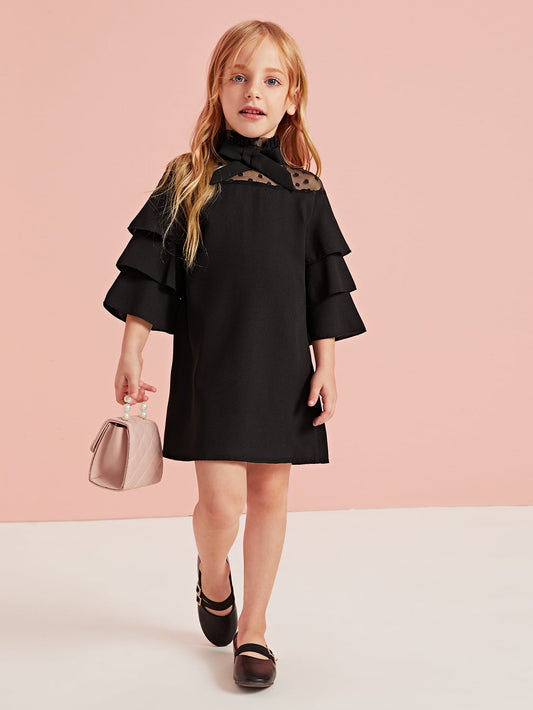 Toddler Girls Dobby Mesh Panel Tie Neck Tunic Dress