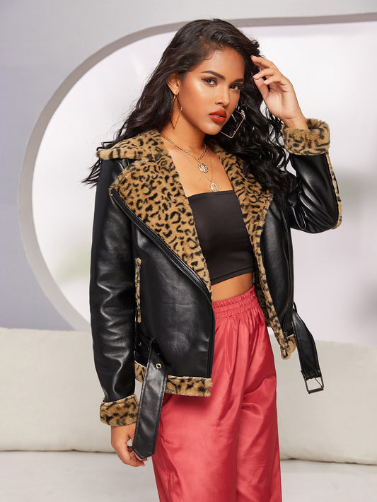 Belted Hem Leopard Faux Shearling Biker Jacket