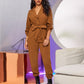 Notched Collar Buttoned Roll-up Sleeve Self Belted Jumpsuit