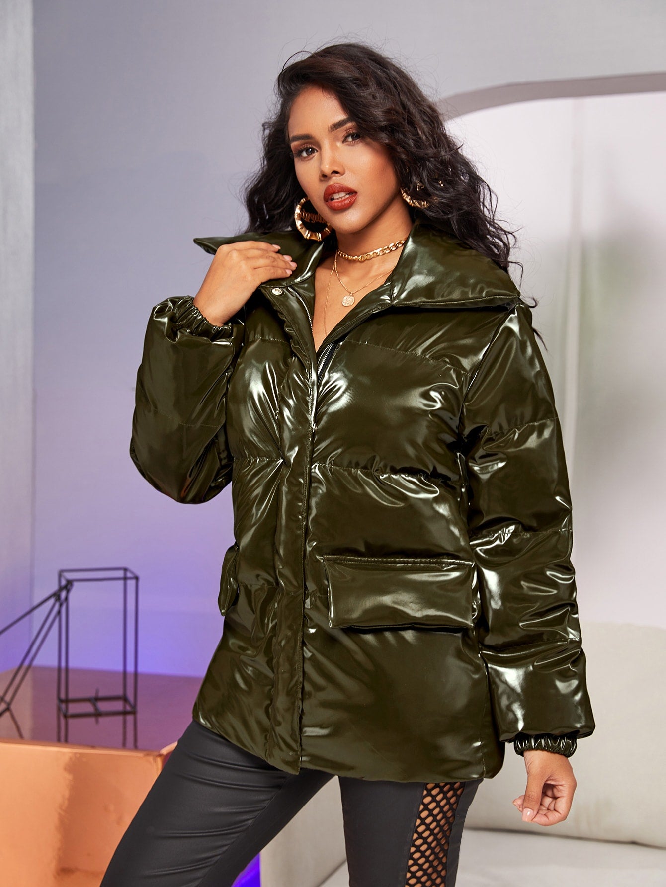Patent Leather Puffer Coat