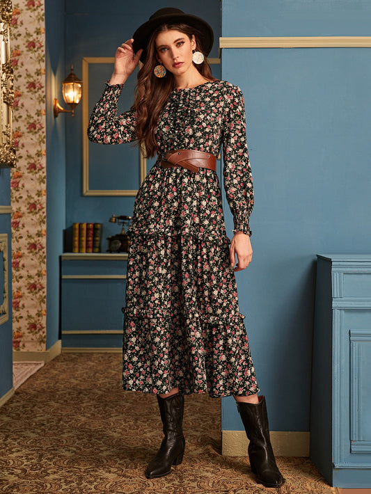 Ditsy Floral Print Frill Trim Dress Without Belt