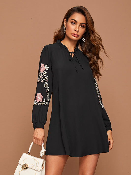 Frill Trim Tie Neck Embroidered Floral Tunic Dress