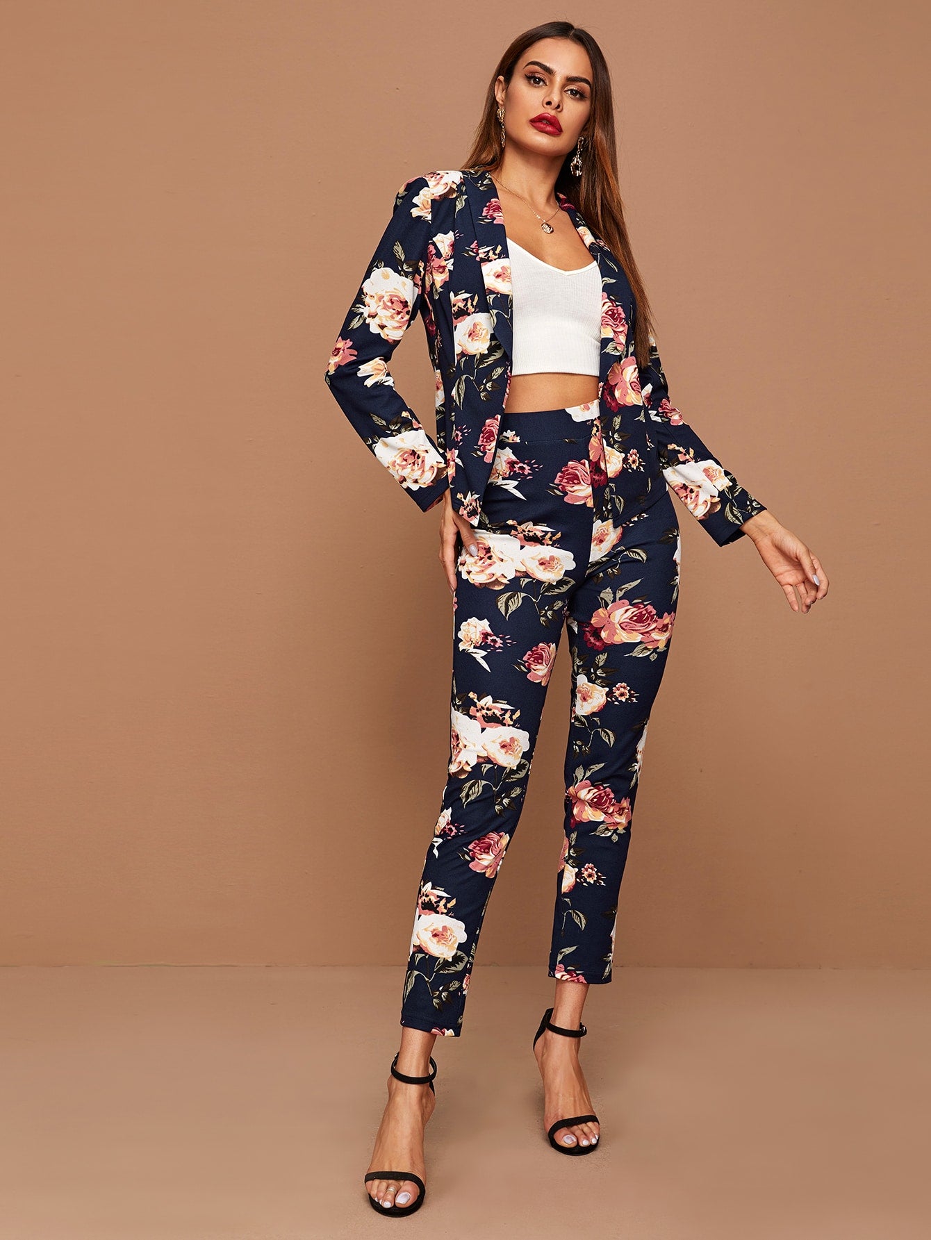 Shawl Collar Floral Print Blazer & Pants Set