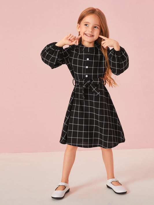 Toddler Girls Bishop Sleeve Self Tie Plaid Dress