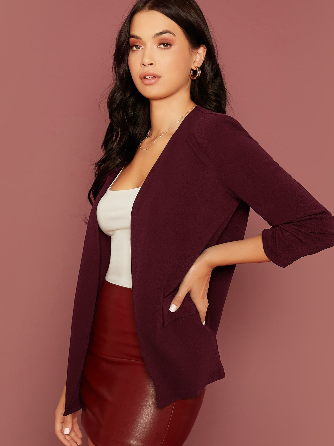 Ruched Detail Sleeve Open Front Blazer