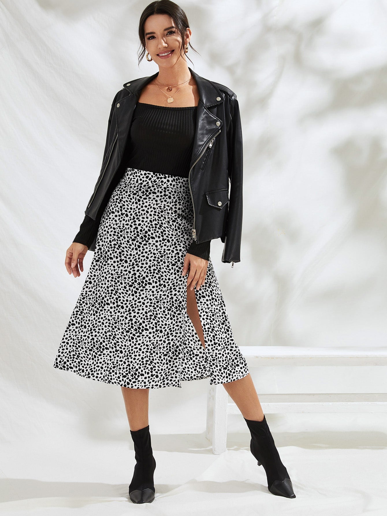 Dalmatian Print Split Thigh A-line Skirt