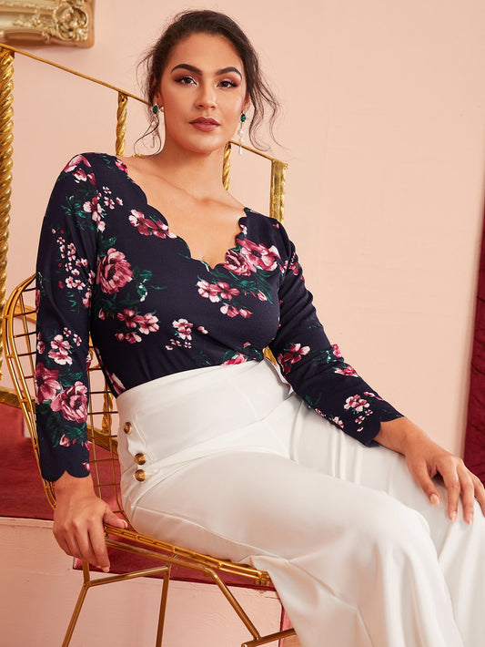 Plus Scallop Trim Floral Print Tee