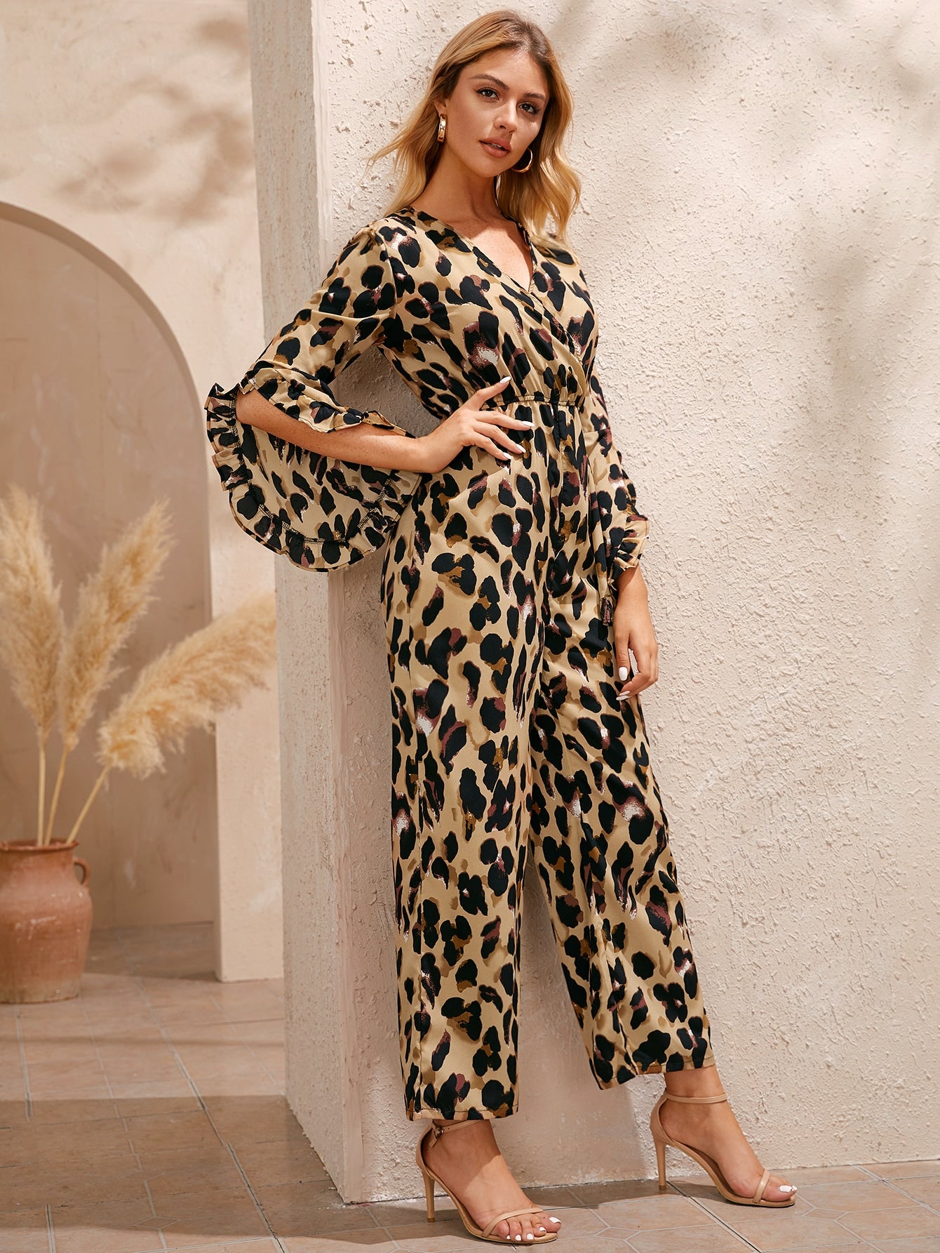 Cheetah Print Surplice Front Ruffle Sleeve Jumpsuit
