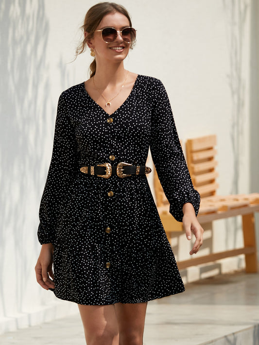 Polka Dot Button Front A-line Dress