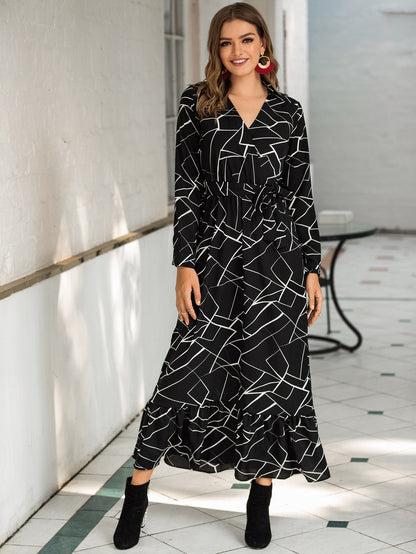 Geo Print Surplice Front Belted Dress | Amy's Cart Singapore
