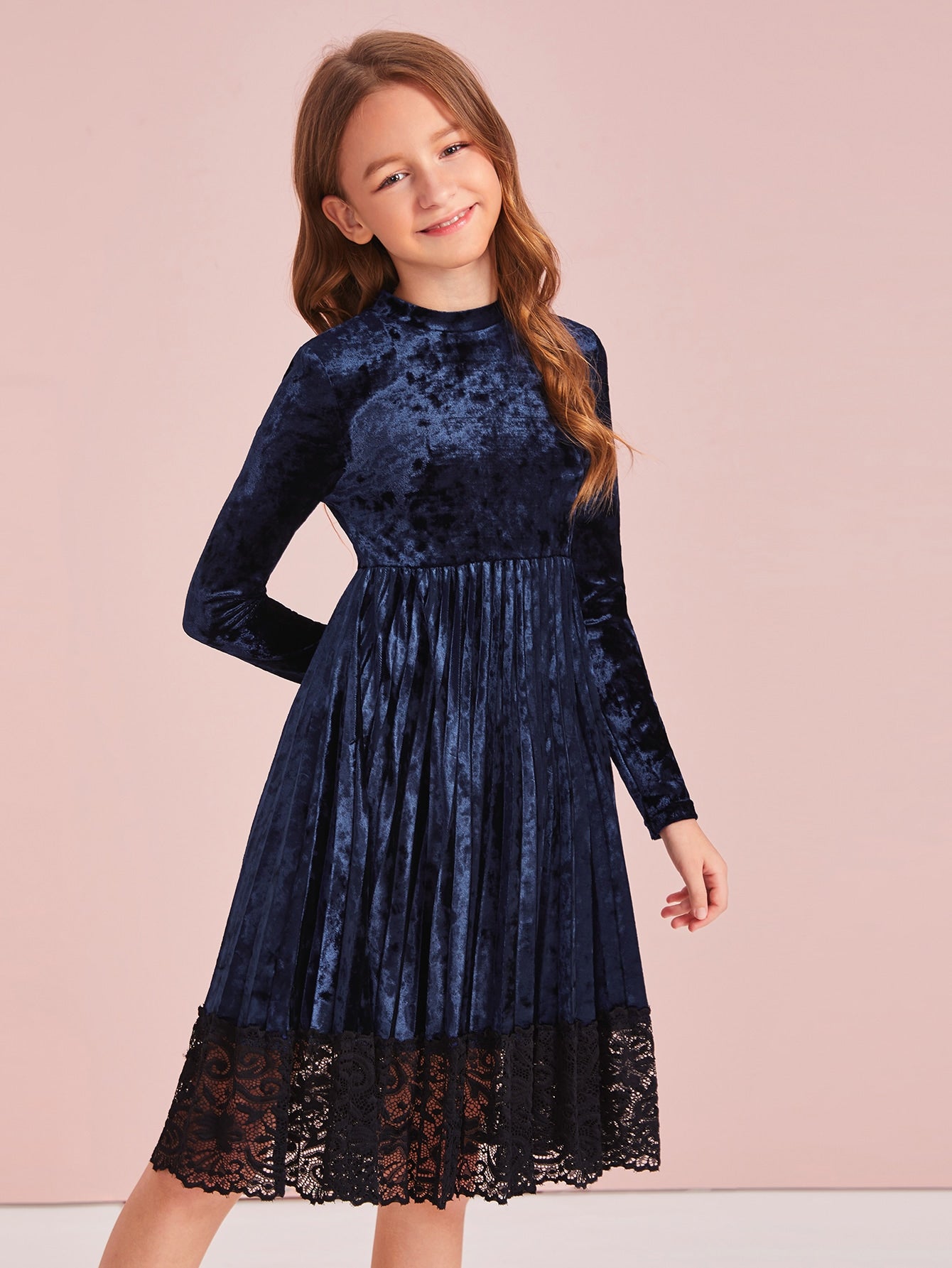 Girls Lace Hem Pleated Velvet Dress