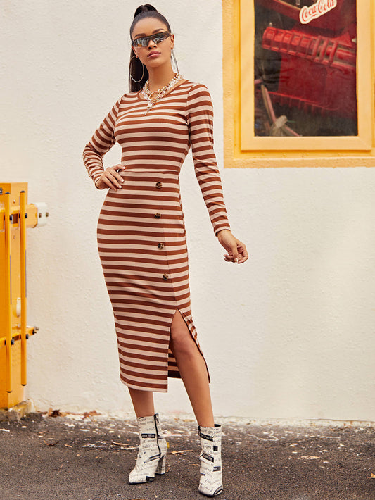 Two Tone Striped Button Detail Split Bodycon Dress