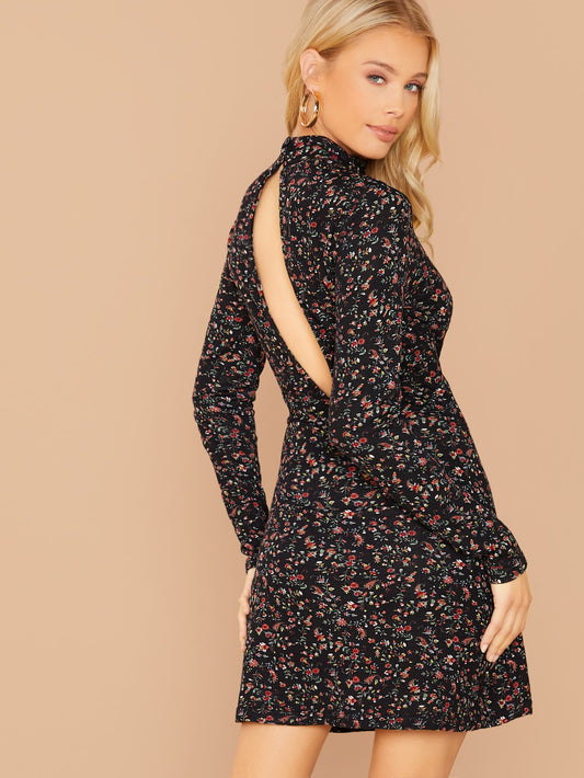 Ditsy Floral Mock Neck Split Back Dress