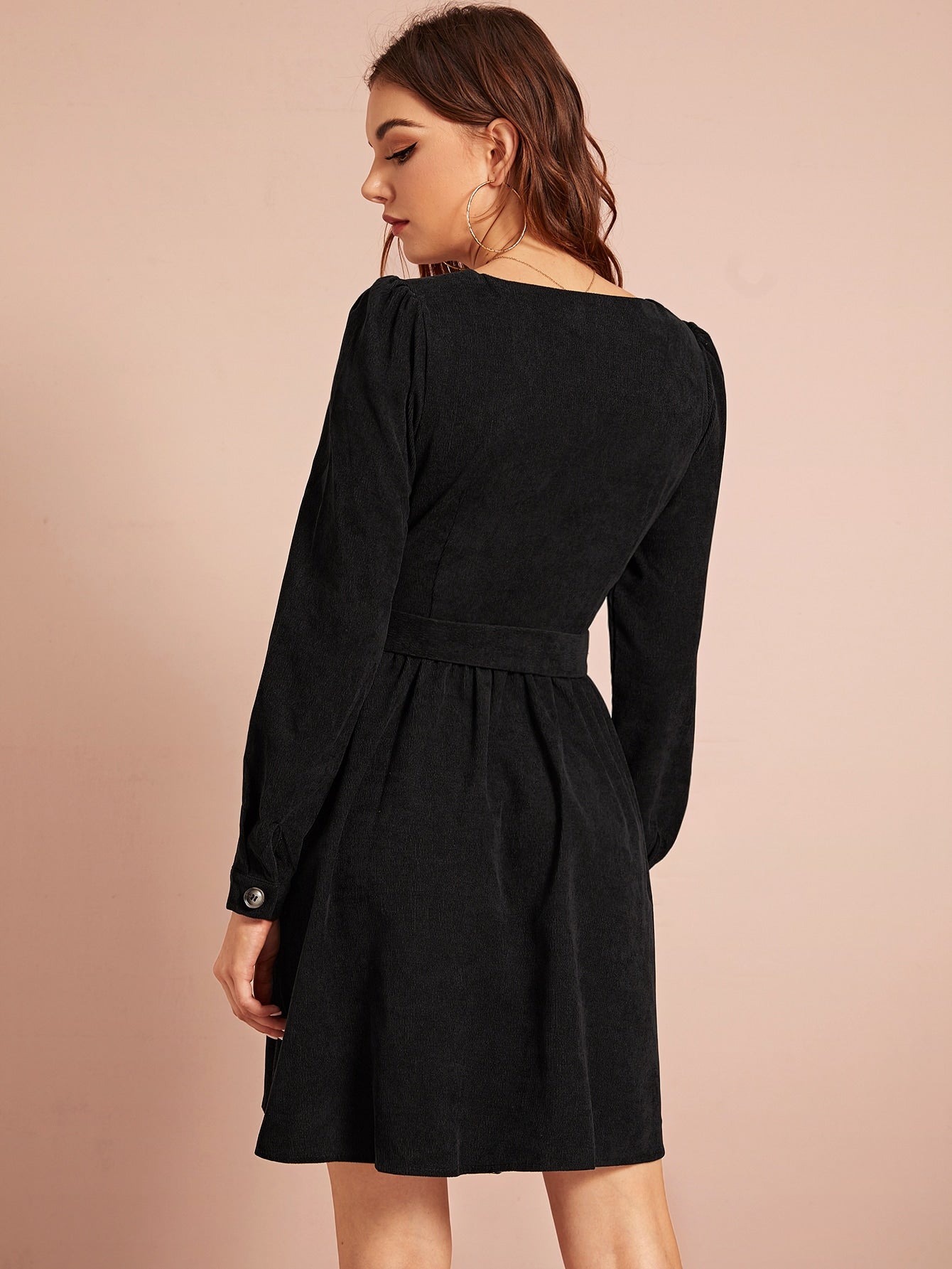 Button Front Belted Corduroy Flare Dress
