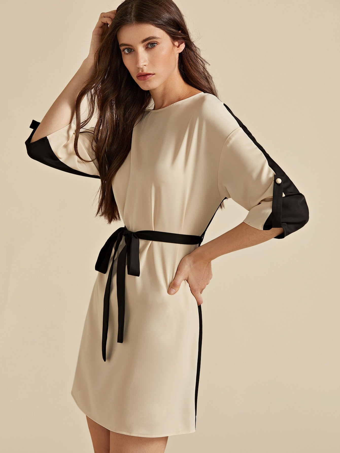 Amy's Cart Premium Roll Tab Sleeve Two Tone Belted Dress
